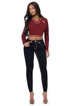 JENNIE MID RISE APPLIQU&Eacute; SUPER T FLAP CURVY SKINNY JEAN