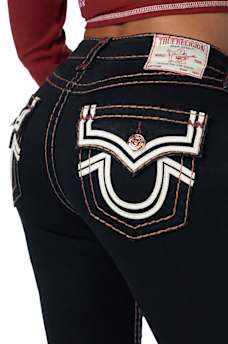 JENNIE MID RISE APPLIQU&Eacute; SUPER T FLAP CURVY SKINNY JEAN