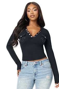 CRYSTAL LOGO POCKET HENLEY RIBBED LONG SLEEVE TOP