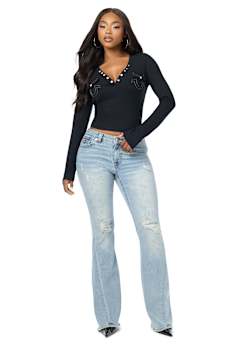 CRYSTAL LOGO POCKET HENLEY RIBBED LONG SLEEVE TOP