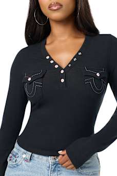 CRYSTAL LOGO POCKET HENLEY RIBBED LONG SLEEVE TOP