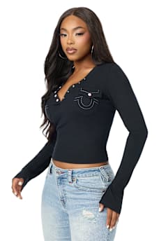 CRYSTAL LOGO POCKET HENLEY RIBBED LONG SLEEVE TOP