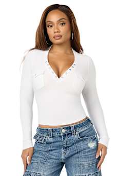 CRYSTAL LOGO POCKET HENLEY RIBBED LONG SLEEVE TOP