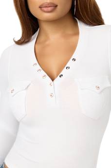 CRYSTAL LOGO POCKET HENLEY RIBBED LONG SLEEVE TOP