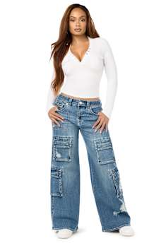 CRYSTAL LOGO POCKET HENLEY RIBBED LONG SLEEVE TOP
