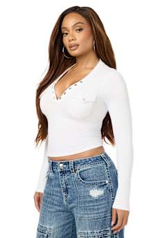 CRYSTAL LOGO POCKET HENLEY RIBBED LONG SLEEVE TOP