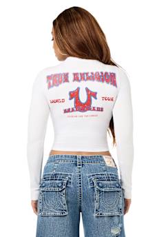 CRYSTAL LOGO POCKET HENLEY RIBBED LONG SLEEVE TOP