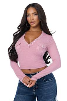 CRYSTAL LOGO POCKET HENLEY RIBBED LONG SLEEVE TOP