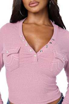 CRYSTAL LOGO POCKET HENLEY RIBBED LONG SLEEVE TOP