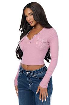 CRYSTAL LOGO POCKET HENLEY RIBBED LONG SLEEVE TOP