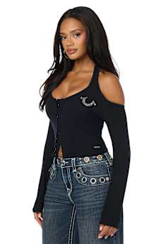 CRYSTAL RIBBED HALTER CUT-OUT TOP