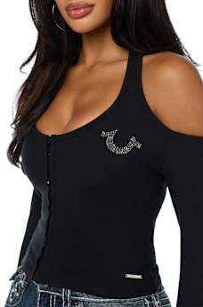 CRYSTAL RIBBED HALTER CUT-OUT TOP
