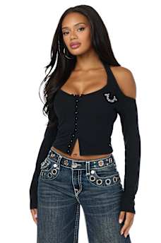 CRYSTAL RIBBED HALTER CUT-OUT TOP