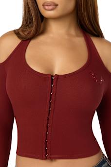 CRYSTAL RIBBED HALTER CUT-OUT TOP