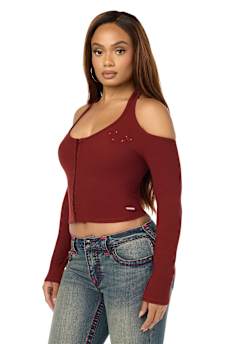 CRYSTAL RIBBED HALTER CUT-OUT TOP