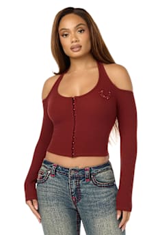 CRYSTAL RIBBED HALTER CUT-OUT TOP