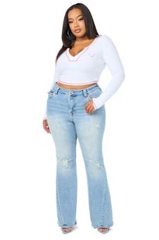 PLUS JOEY MID RISE DISTRESSED FLAP FLARE JEAN