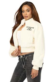EMBROIDERED FAUX FUR ZIP-UP JACKET