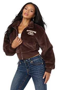 EMBROIDERED FAUX FUR ZIP-UP JACKET