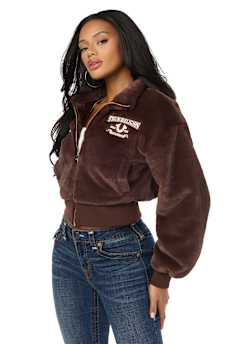 EMBROIDERED FAUX FUR ZIP-UP JACKET