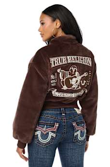 EMBROIDERED FAUX FUR ZIP-UP JACKET