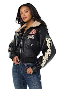 WASHED FAUX LEATHER OVERSIZED AVIATOR SHERPA JACKET