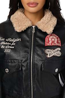 WASHED FAUX LEATHER OVERSIZED AVIATOR SHERPA JACKET