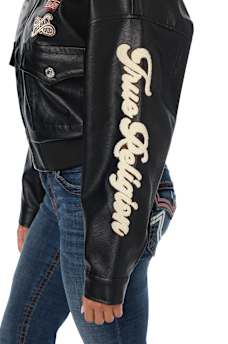 WASHED FAUX LEATHER OVERSIZED AVIATOR SHERPA JACKET