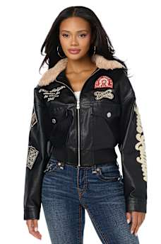 WASHED FAUX LEATHER OVERSIZED AVIATOR SHERPA JACKET