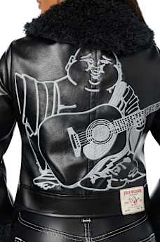 EMBROIDERED FUR COLLAR FAUX LEATHER JACKET