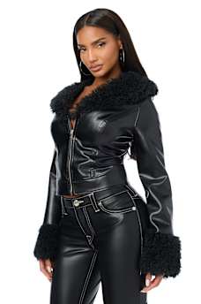 EMBROIDERED FUR COLLAR FAUX LEATHER JACKET
