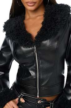 EMBROIDERED FUR COLLAR FAUX LEATHER JACKET