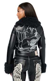 EMBROIDERED FUR COLLAR FAUX LEATHER JACKET