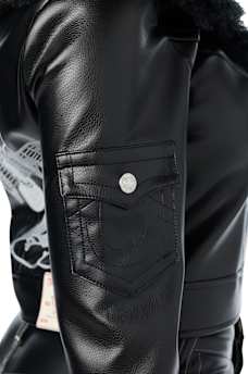 EMBROIDERED FUR COLLAR FAUX LEATHER JACKET