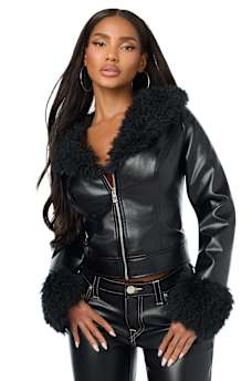 EMBROIDERED FUR COLLAR FAUX LEATHER JACKET