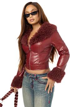 EMBROIDERED FUR COLLAR FAUX LEATHER JACKET