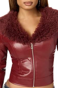 EMBROIDERED FUR COLLAR FAUX LEATHER JACKET