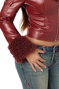 EMBROIDERED FUR COLLAR FAUX LEATHER JACKET