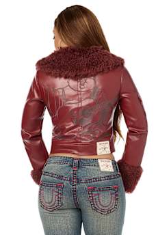EMBROIDERED FUR COLLAR FAUX LEATHER JACKET