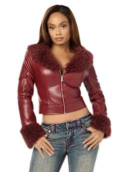 EMBROIDERED FUR COLLAR FAUX LEATHER JACKET
