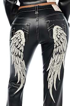BECCA MID RISE EMBROIDERED WING FAUX LEATHER BOOTCUT JEAN