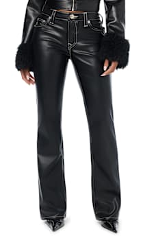 BECCA MID RISE EMBROIDERED WING FAUX LEATHER BOOTCUT JEAN