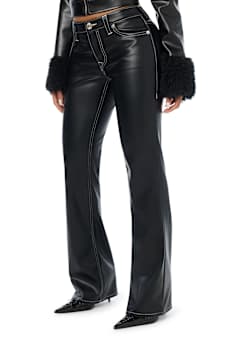 BECCA MID RISE EMBROIDERED WING FAUX LEATHER BOOTCUT JEAN