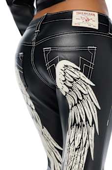 BECCA MID RISE EMBROIDERED WING FAUX LEATHER BOOTCUT JEAN