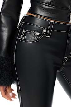 BECCA MID RISE EMBROIDERED WING FAUX LEATHER BOOTCUT JEAN