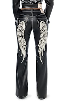 BECCA MID RISE EMBROIDERED WING FAUX LEATHER BOOTCUT JEAN