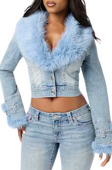 FAUX FUR BIG T DENIM JACKET