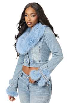FAUX FUR BIG T DENIM JACKET