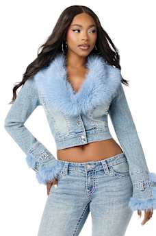 FAUX FUR BIG T DENIM JACKET