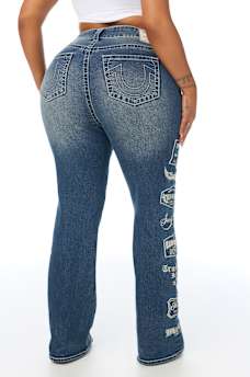 PLUS BECCA MID RISE EMBROIDERED LOGO BIG T BOOTCUT JEAN